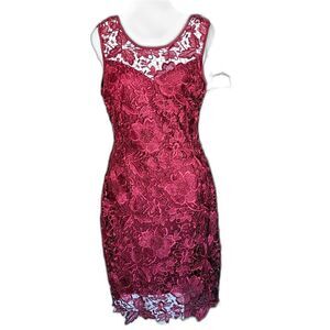 Cherry Red Berry Floral Lace Sleeveless Sweetheart Midi Dress Size Medium